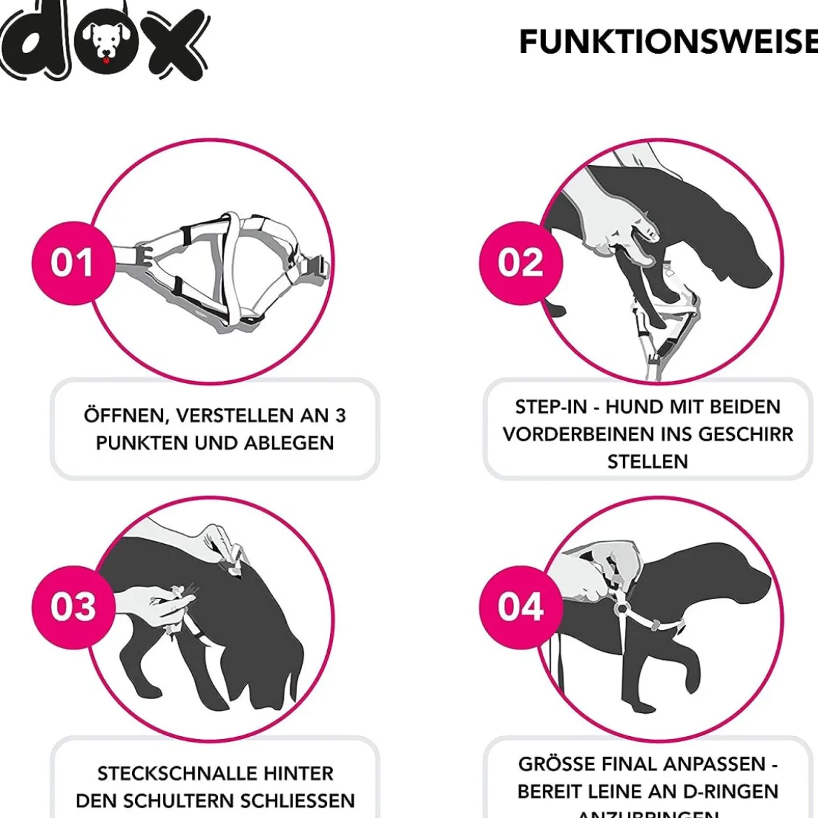 DDOXX Hundegeschirr Nylon, Step-In, Verstellbar, Ausbruchsicher, Pink, XS - B-Ware sehr gut