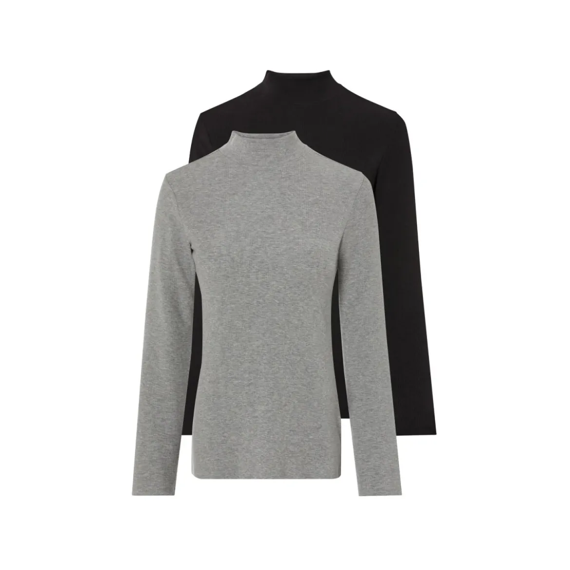 esmara® Damen Rollkragen-Langarmshirts, 2 Stück, gerippt (schwarz/grau, XS(32/34)) - B-Ware neuwertig
