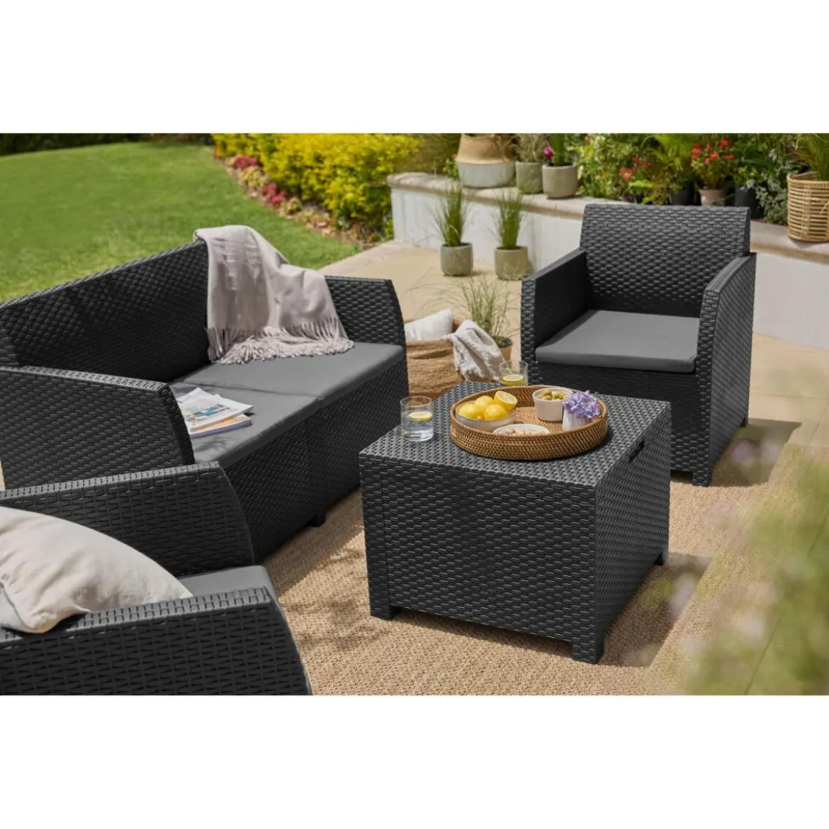 LIVARNO home Loungeset mit Tisch, 4-teilig, Kunststoff, anthrazit - B-Ware sehr gut