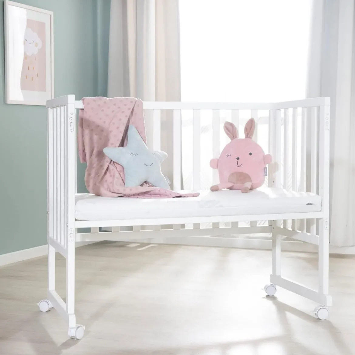 roba Stuben- & Beistellbett 3in1 mit Barriere + Matratze, Holz weiß - B-Ware sehr gut