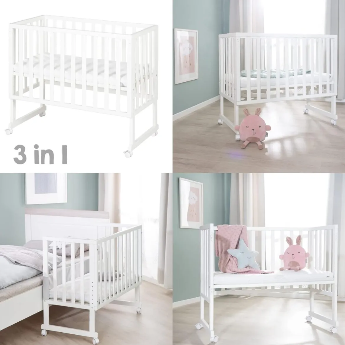 roba Stuben- & Beistellbett 3in1 mit Barriere + Matratze, Holz weiß - B-Ware sehr gut