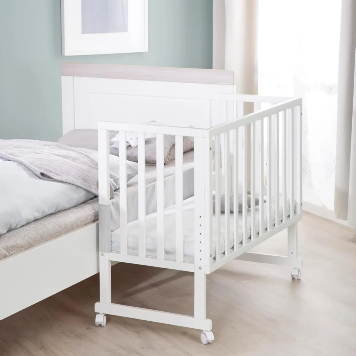 roba Stuben- & Beistellbett 3in1 mit Barriere + Matratze, Holz weiß - B-Ware sehr gut
